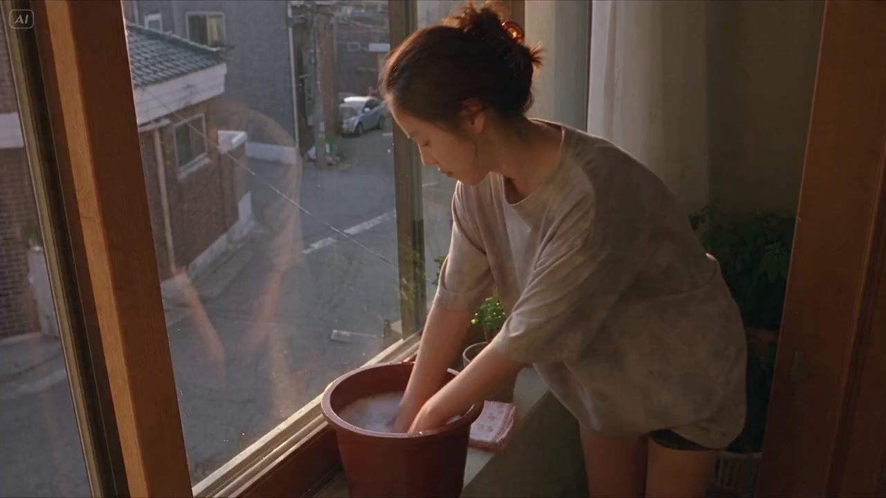 Korean Woman Cleaning Window - 2000s DV Aesthetic